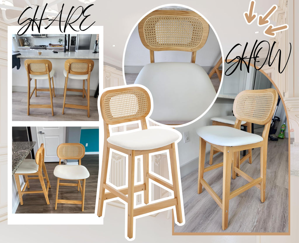 Rattan Counter Height Bar Stools Set of 3 Modern Farmhouse Barstools with Cane Backs 26 Inch Wood Counter Stool