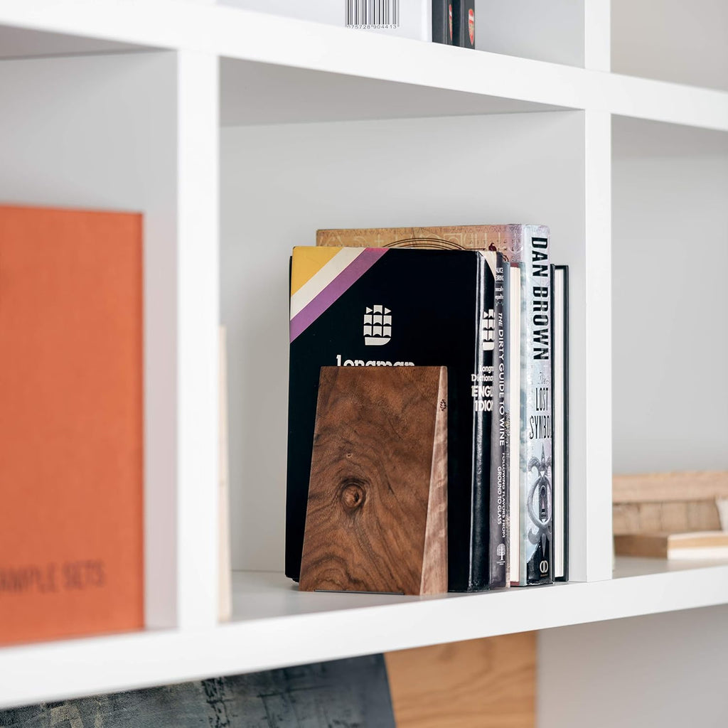 Book Ends for Shelves - Handmade Wooden Bookends with Metal Base, Walnut Tree - Sturdy Book Holders for Heavy Books