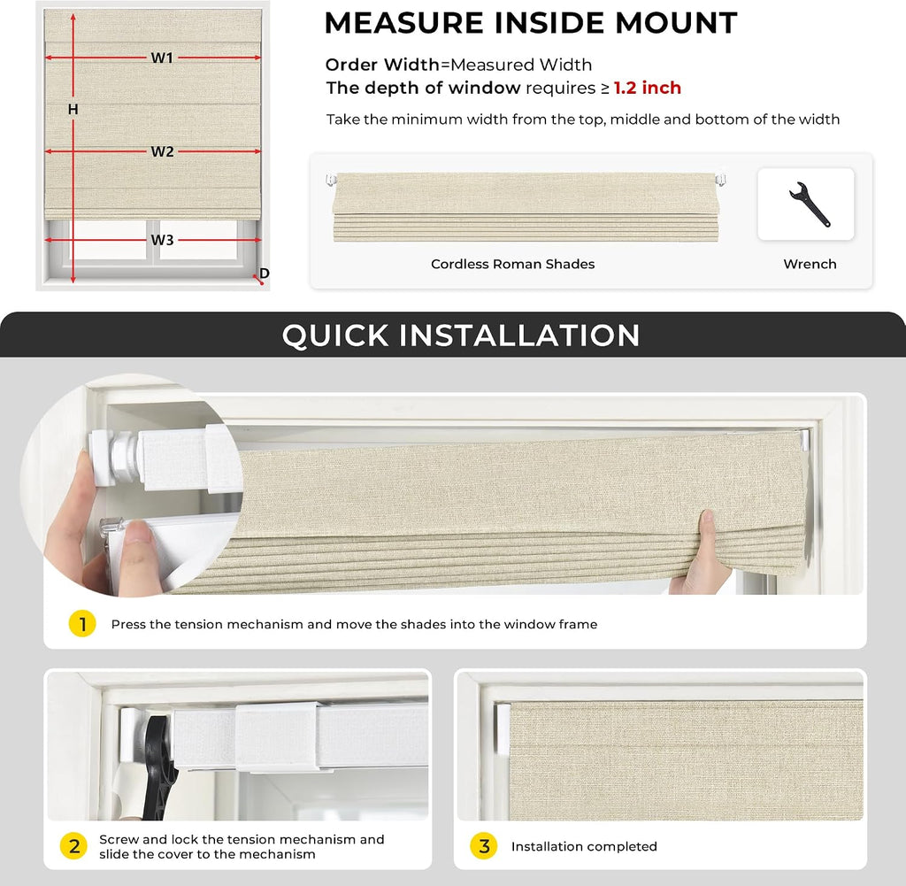 No Drill Cordless Roman Shades, 36×60 in, Beige | 100% Blackout Fabric, UV Protection, Protecting Privacy, room