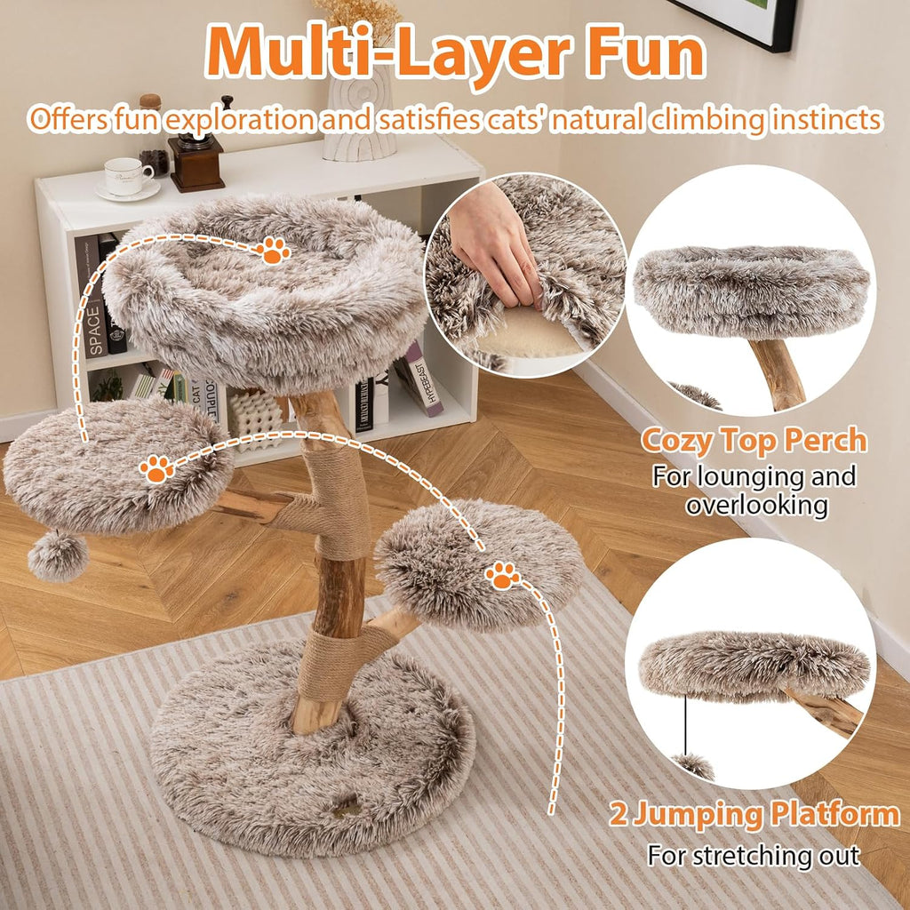 Solid Wood Cat Tree, Multi-Level Modern Cat Tower with Scratching Posts, Cozy Top Perch, 2 Platforms, Dangling Ball