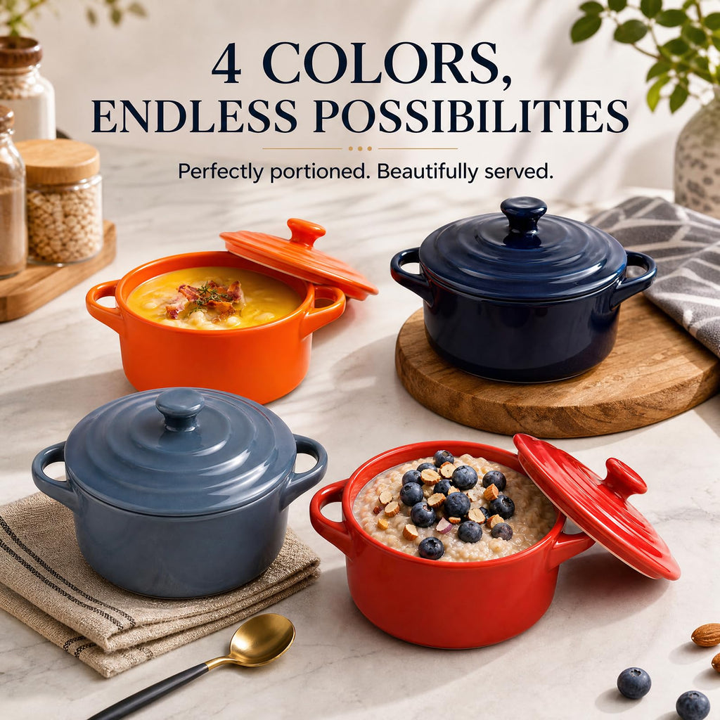 4 Pack Porcelain Ramekin with Lids and Handles Oven Safe, 8 oz Round Souffle Creme Brulee Baking Dish, Pudding