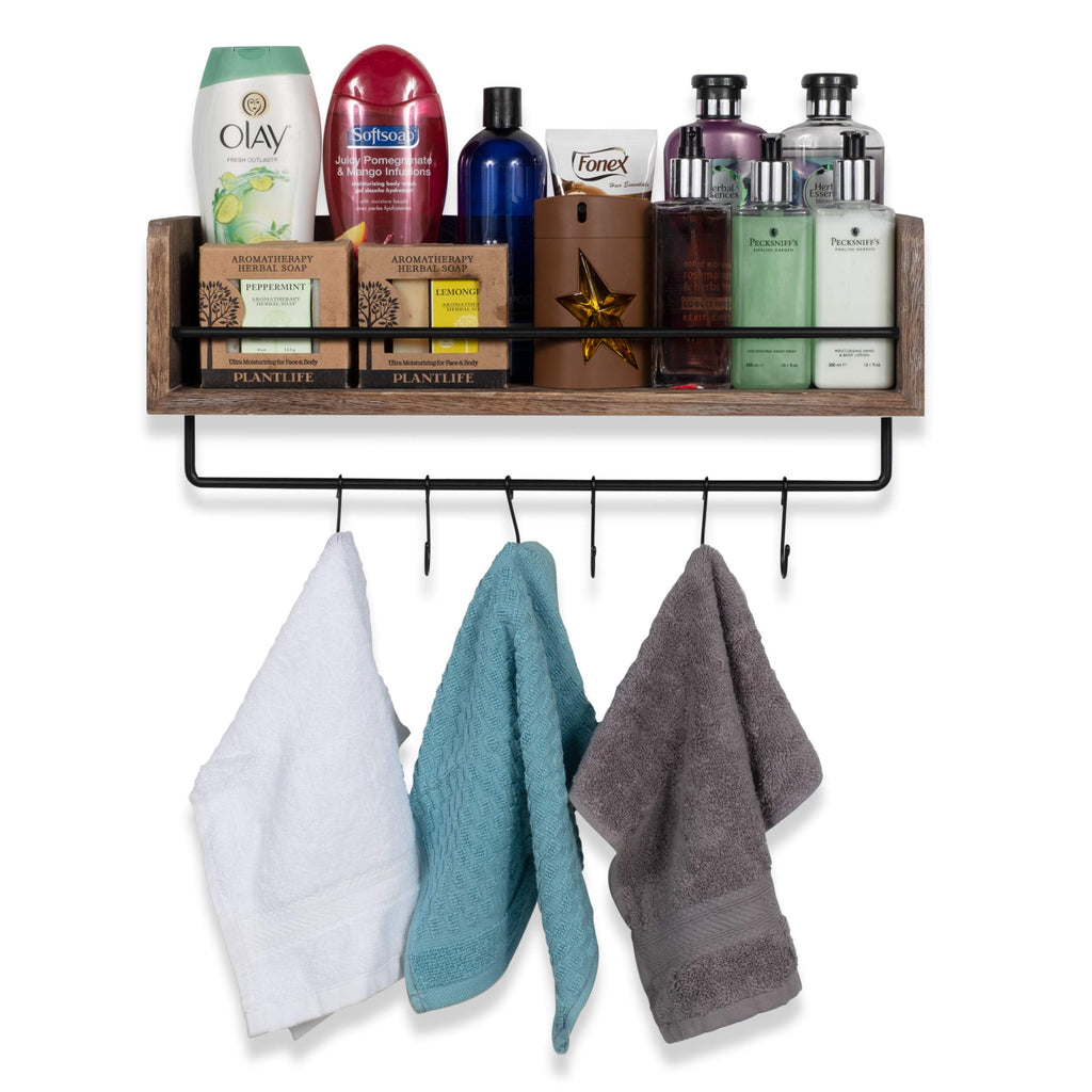 William Wall Mount Floating Shelf with Rail and Hooks | Farmhouse Design 20 Inch Torched Distressed Wood Vintage