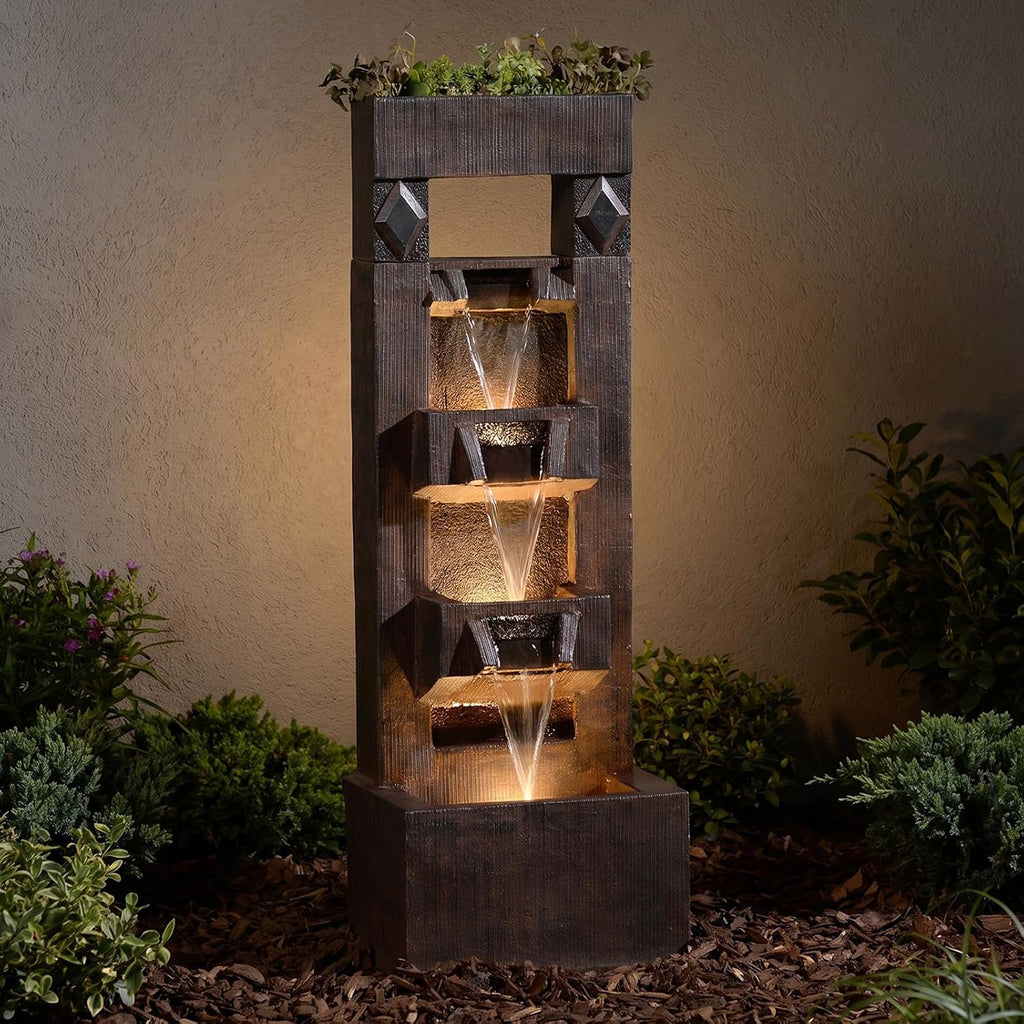 40.9" H 4-Tier Indoor/Outdoor Modern Water Fountain with Led Lights and Pump, Outdoor Freestanding Cascading Waterfall