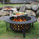 36 Inch Fire Pit with 2 Grills, Wood Burning Fire Pits for Outside with Lid, Poker and Round Waterproof Cover, BBQ& Outdoor Firepit & Round Metal