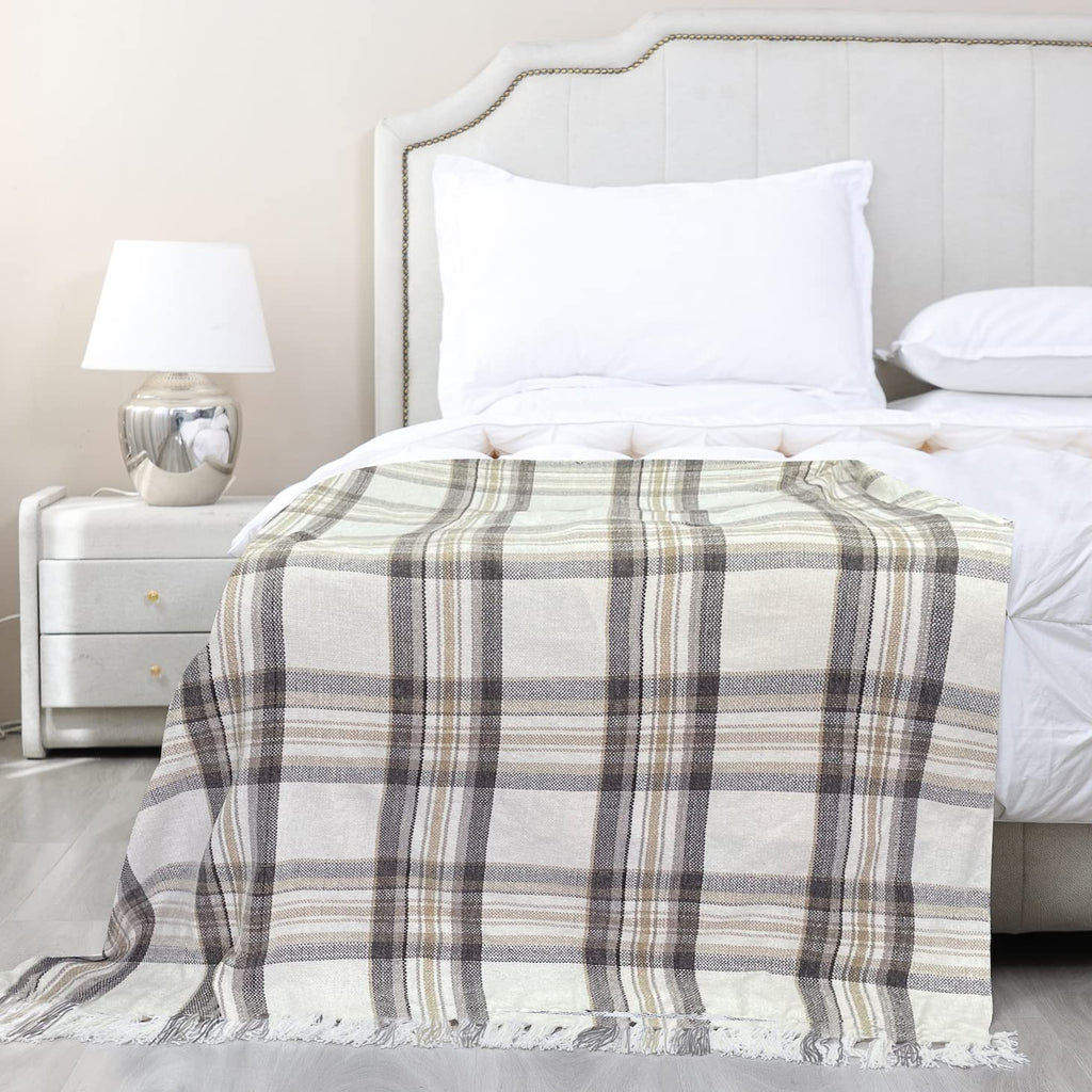 Taupe Grey and White Plaid Decor Tartan Blanket, Lightweight Soft Chenille Striped Knitted Rustic Farmhouse Throw