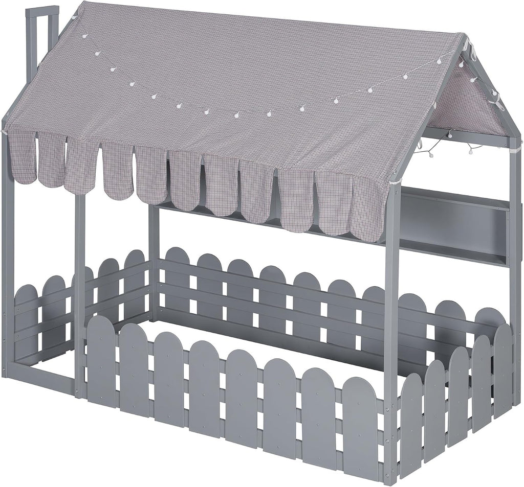 Montessori House Bed for Kids, Floor Bed with Fence Railings, Tent, Lights & 3 Storage Shelves, Slats are not