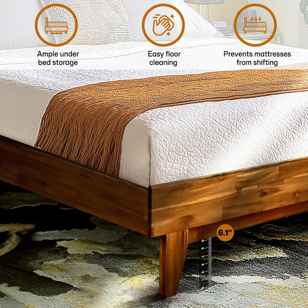 Aurora Solid Wood King Platform Bed Frame with Headboard, Walnut