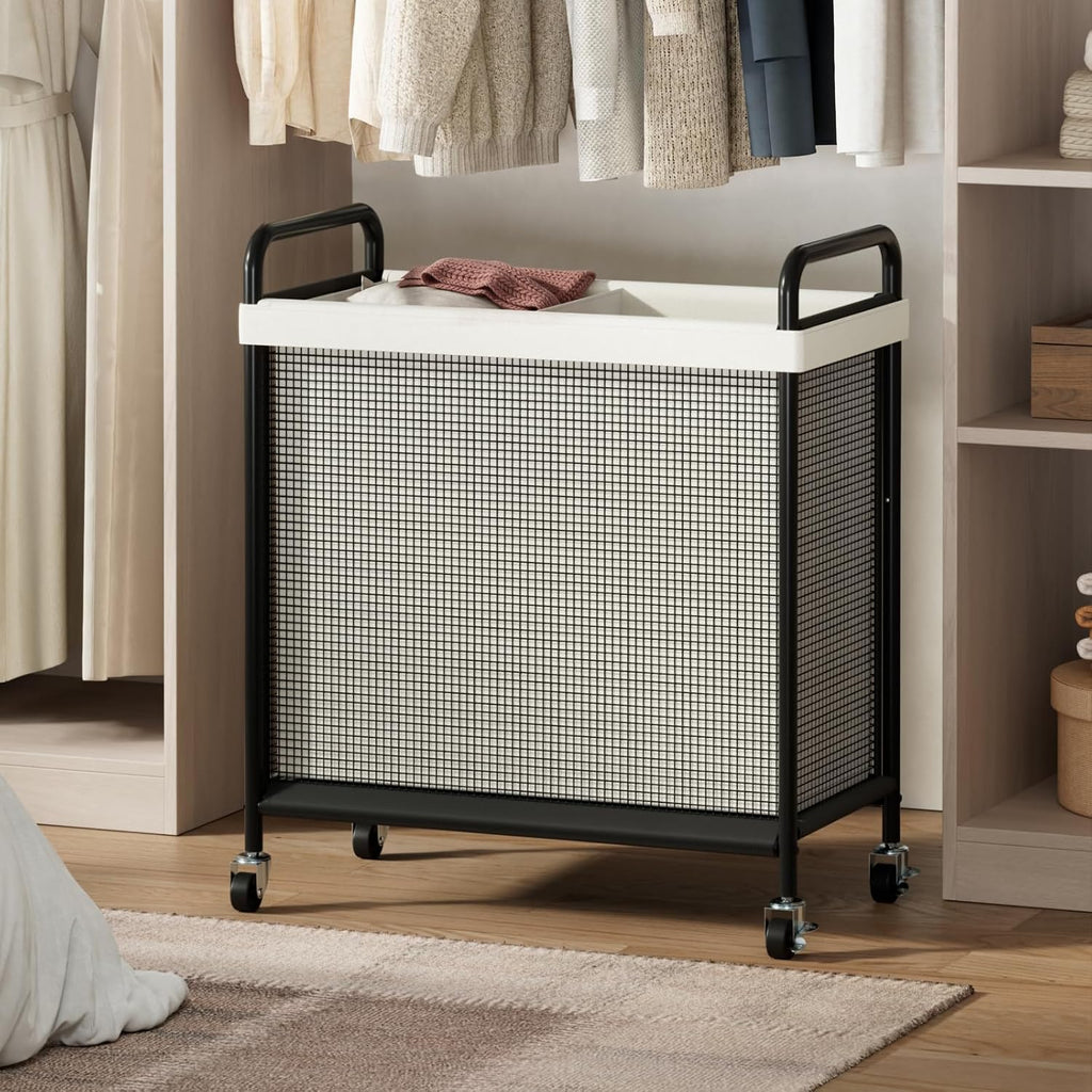 Rolling Laundry Hamper 2 Section, 100L Laundry Basket with Wheels | Double Laundry Sorter with Metal Handle and