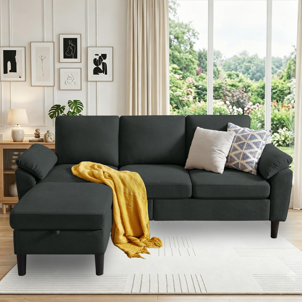 80" L Shaped Couch with Storage Ottoman, Convertible Sectional Couch Set, Modern Linen 3-Seat Sofa with Chaise & Side