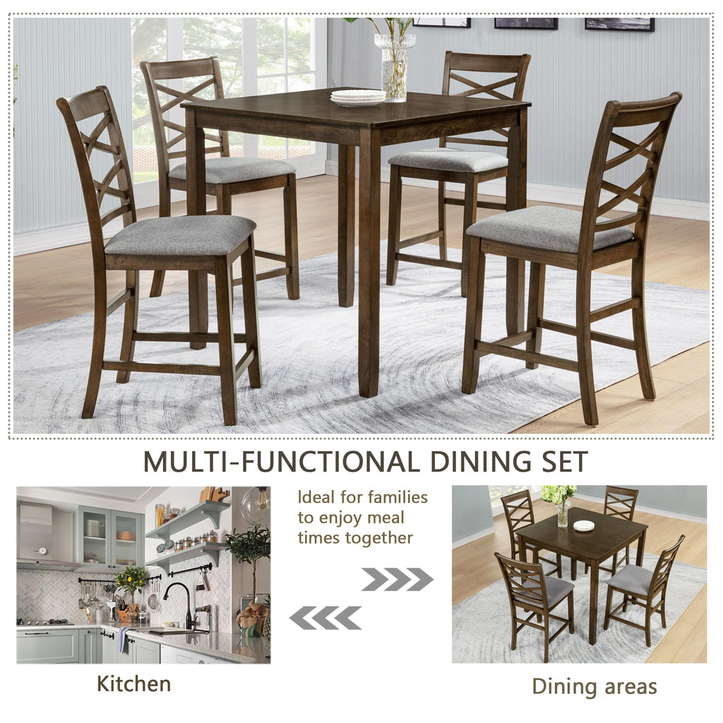 Counter Height Dining Table Set 5-Piece, 34.5" Square Wooden Table & 4 Upholstered Chairs, Modern Walnut Finish