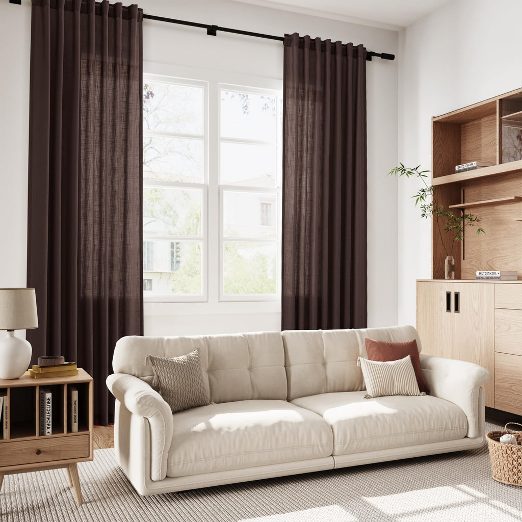 Coffee Brown Extra Long Linen Curtains 120 Inch Set Rod Pocket Back Tab Light Filtering Semi Sheer Drapes Privacy