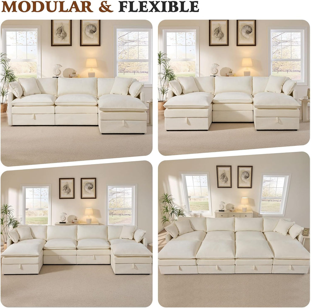 103" Modular Sectional Sofa with Storage, L Shaped Cloud Couch with Movable Ottomans & 4 Pillows, Chenille Deep Seat