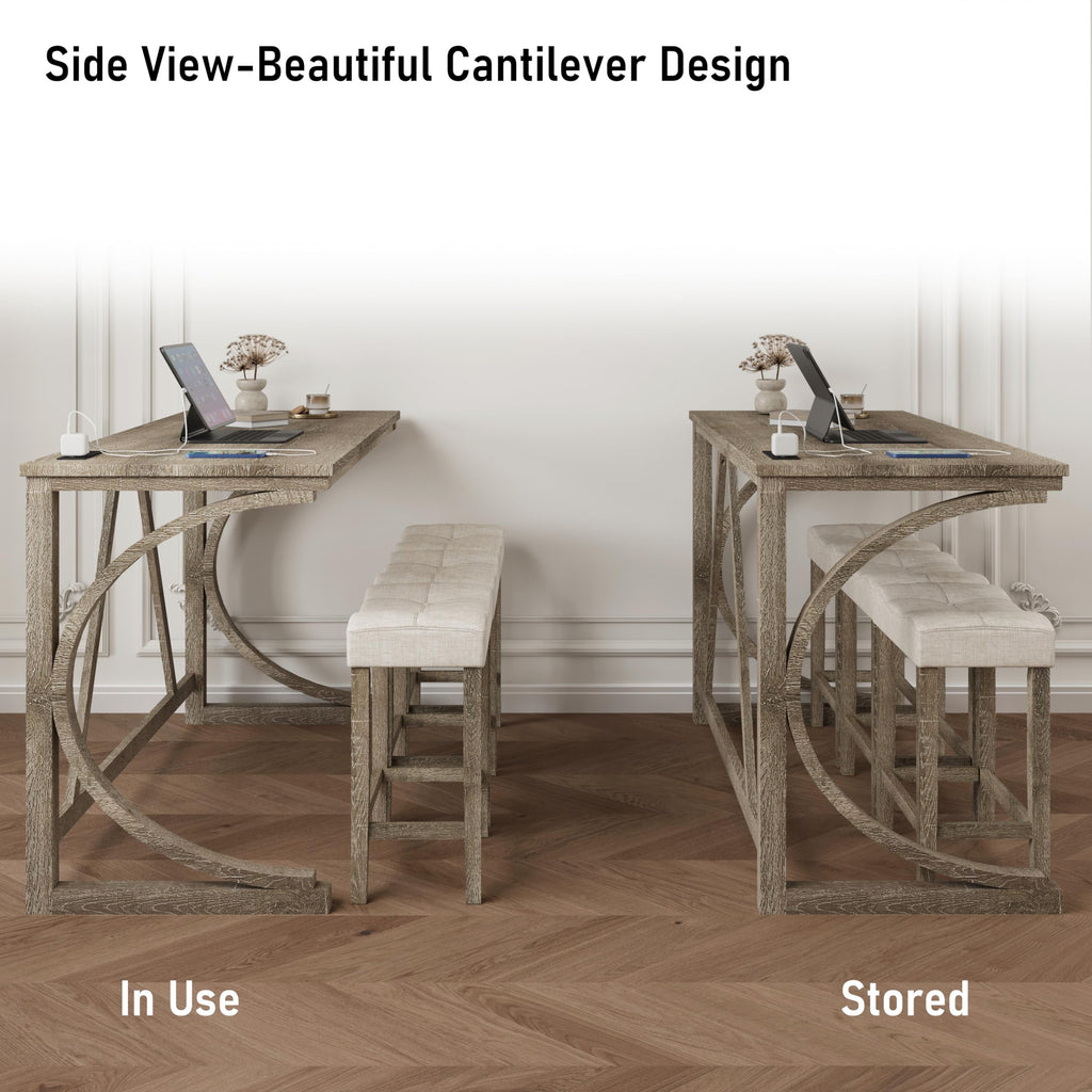 4-Piece Counter High Bar Table Set with Socket and 3 Fabric Padded Bar Stools, Tall Kitchen Breakfast Nook with Stool