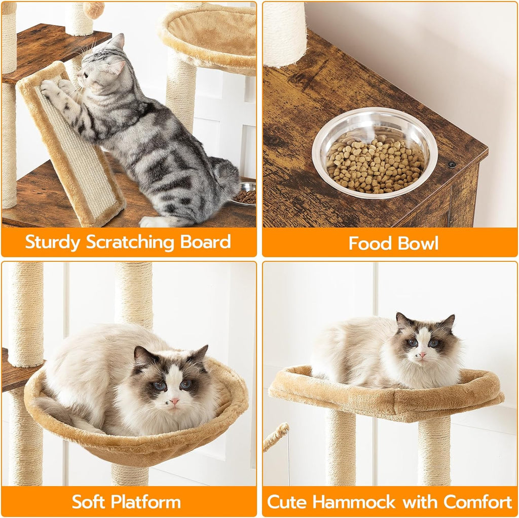 Cat Tree with Litter Box Enclosure, 44" Tall Wooden Cat Tower with Scratching Posts, Cat Hammock, Hidden Litter Box