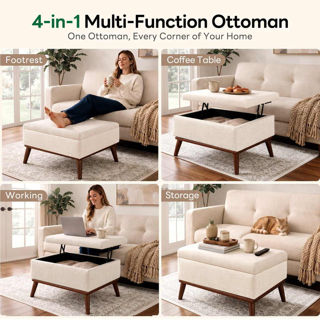 Large Ottoman with Storage, 28.3" Mid Century Modern Rectangle Coffee Table with Lid Lifting Function, High Wooden
