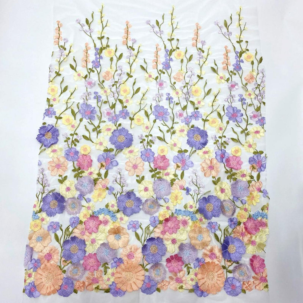 1Yard Blue Embroidery Fabric, Latest Elegant Classic3D Colored Flowers Embroidery Heavior Tulle Lace Fabric for DIY
