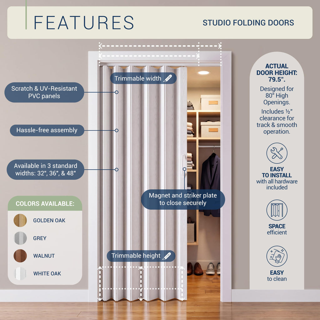 Studio Series 36" x 80" PVC Foldable Accordion Door, Walnut