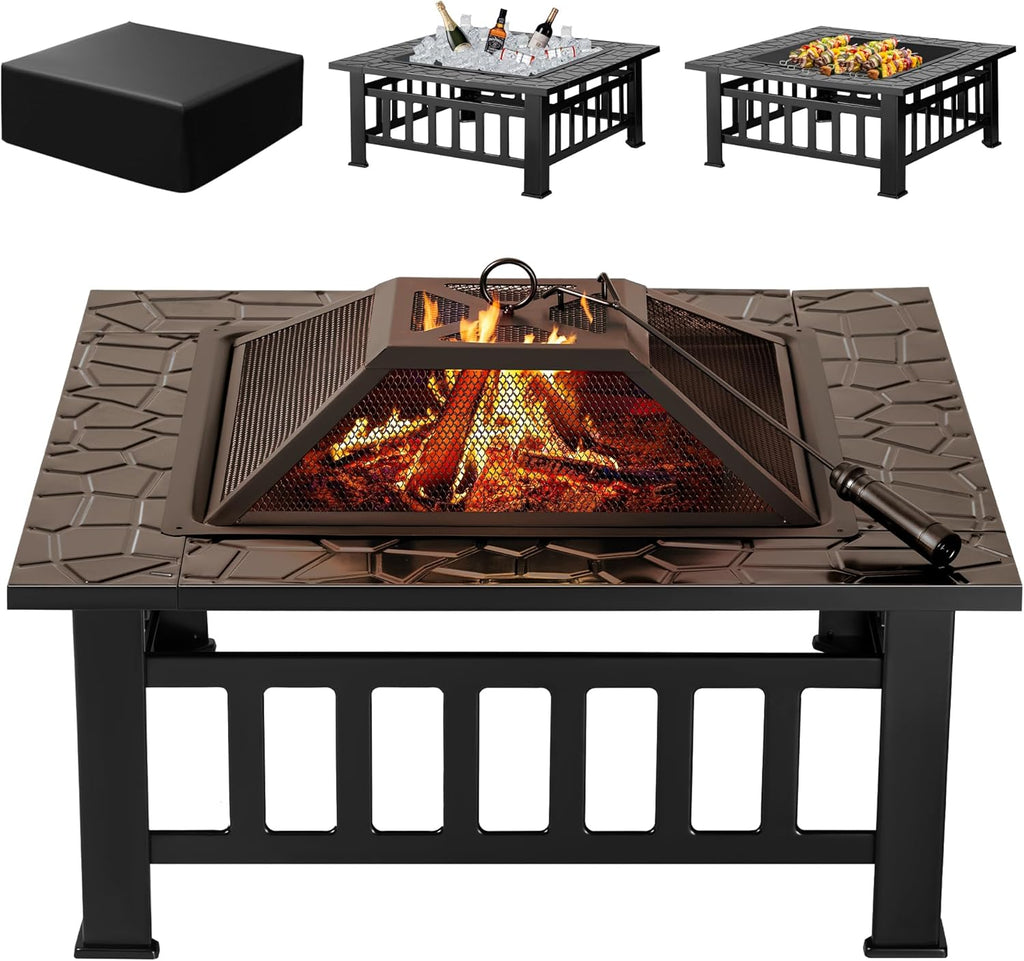 Outdoor Fire Pit, 32 Inch Firepit Table Metal Outdoor Fireplaces with Waterproof Cover for Outside Patio Camping (Black)