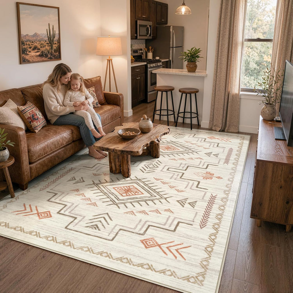 Washable Area Rug, Beige Western Aztec Tribal Moroccan Area Rug, Boys Neutral Rug, Soft Non-Slip Non-Shedding