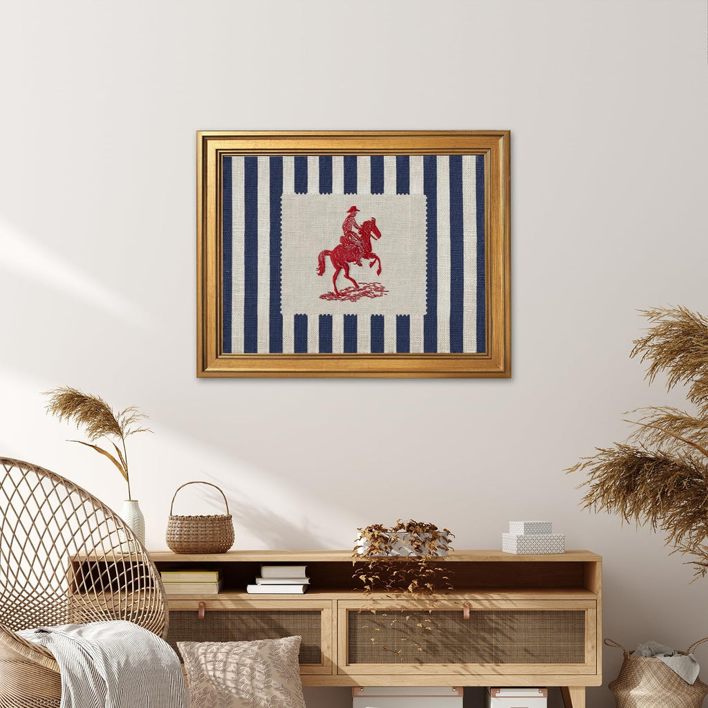 Framed Vintage Cowboy Canvas Wall Art Blue Striped Preppy Equestrian Poster Farmhouse Americana Horse Print Western