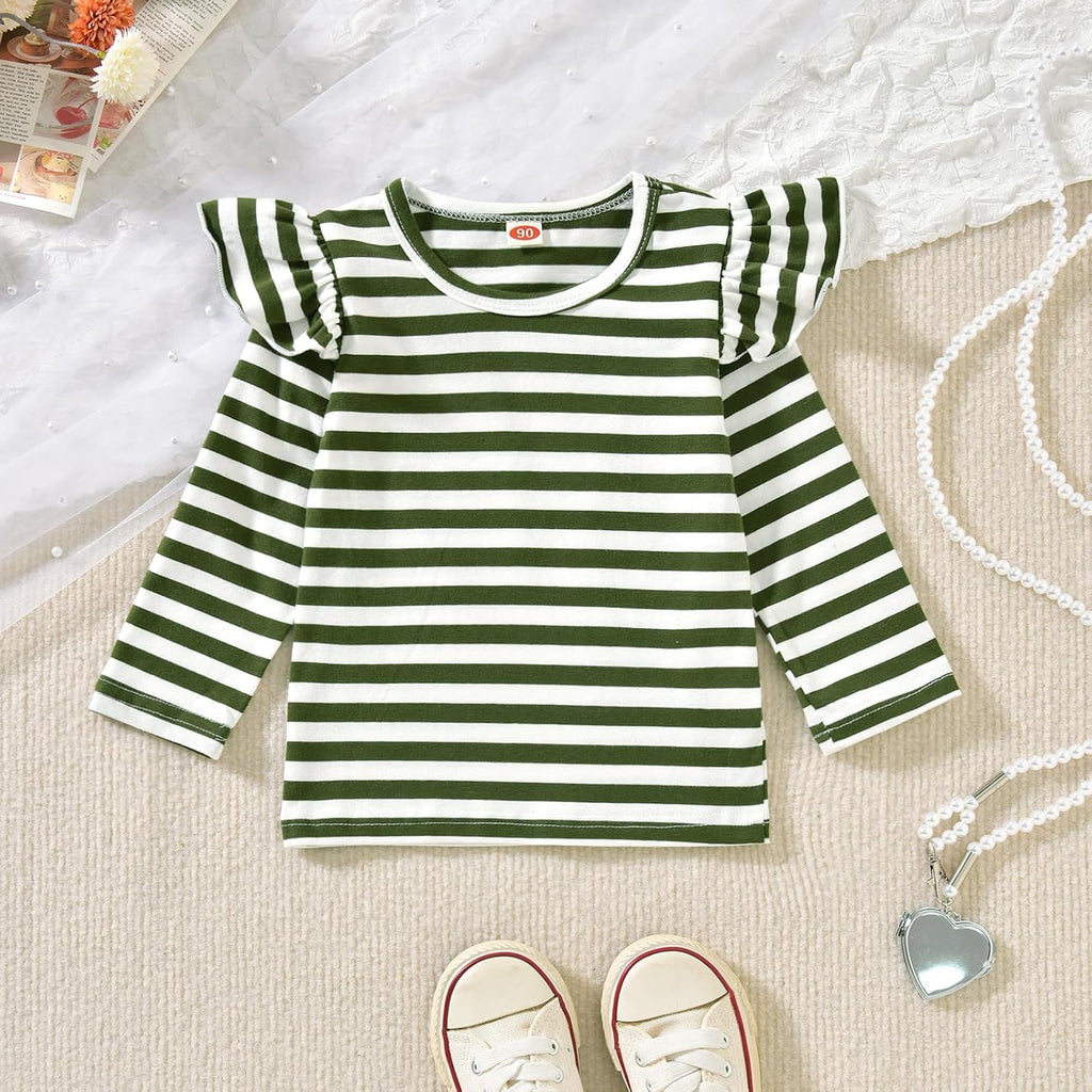2PCS Baby Girls Clothes Toddler Jumpsuit Rompers Adjustable Ripped Jeans Overalls Set with Long Sleeve Stripe T-Shirt