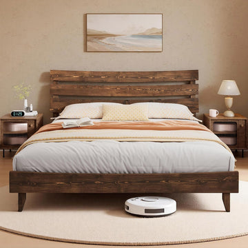 14" Queen Size Bed Frame with Headboard, Japanese Style, Chocolate