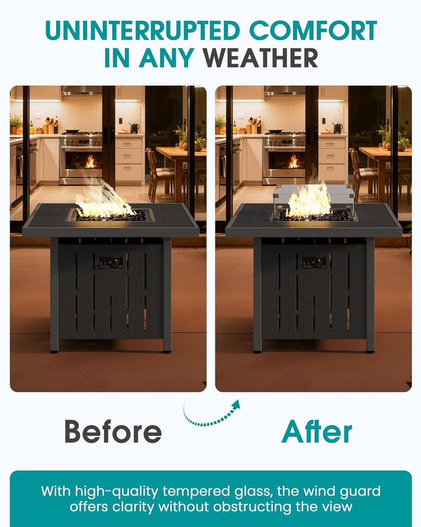 33" Outdoor Fire Pit Table, 50,000 BTU Square Propane Fire Pit Table with Lid, Glass Rock & Glass Wind Guard, HDPE Outdoor Furniture for Patio - Image 4