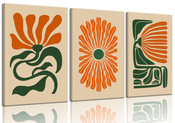 3 Pcs Mid Century Floral Canvas Wall Art, Boho Flower Wall Decor