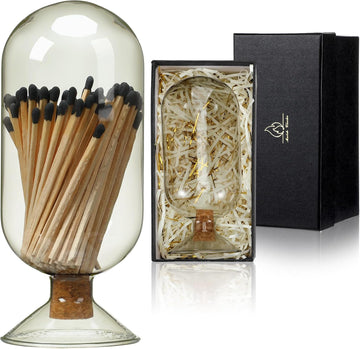 Smoke Gray Glass Match Cloche Holder Decorative Matches Jar Gift Set Fireplace Display Decor with Black Gift Box