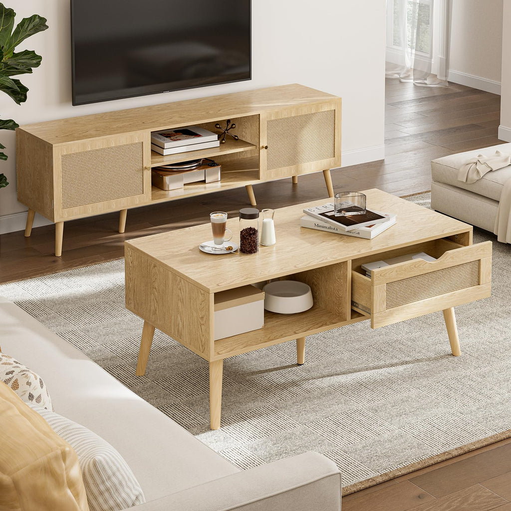 Rattan Coffee Table with Drawer, Boho, Natural