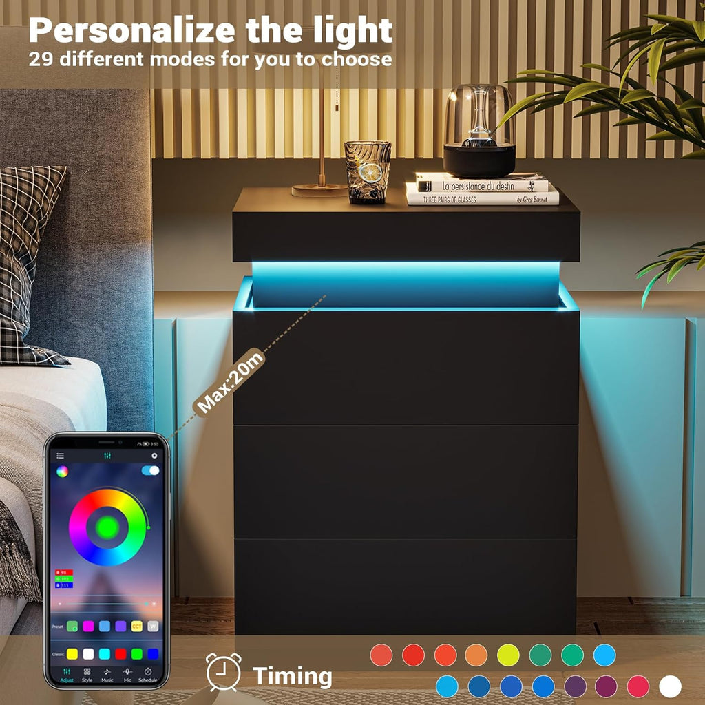 Black Nightstand with Charging Station and LED Lights | Modern Night Stand with Sliding Top,Bedside Table with
