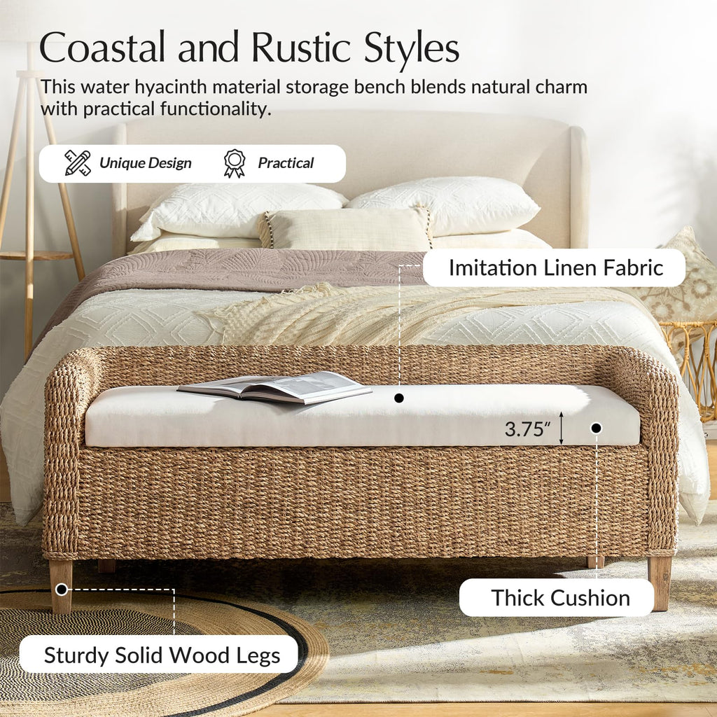 57" Rattan Storage Bench, Boho Wicker Bedroom Bench, Natural