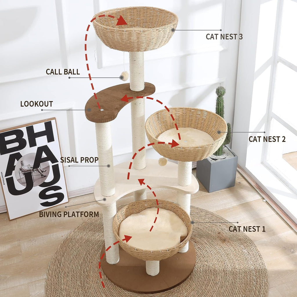 52" Modern Cat Tree Tower for Large Cats, 3Cat Nests Manual Hand Woven Multilevel Huge Paws Pals Cat Tree, Wood Cat