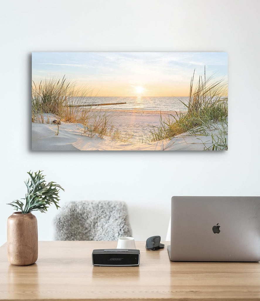 Canvas Wall Art Beach Picture: Coastal Sunset Painting Decor Ocean Seascape Artwork Sea Seaside Dunes Grass Print