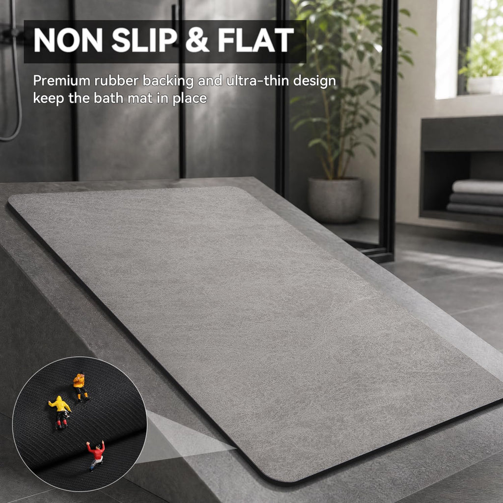 Bath Mat-Rubber Backing Non SlipTh Rugs Fit Under Door- Quick Dry Absorbent Faux Suede Surface Grey Bathroom Floor