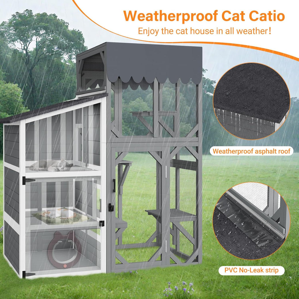 3 Tiers Catio 69" H Outdoor Cat Enclosures, Large Cat House Feral Cats Shelter with Weathproof Roof, Window Access