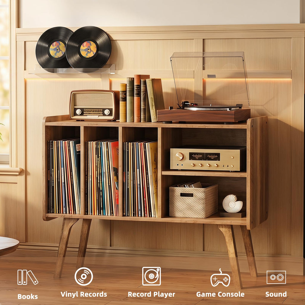 32" Large Record Player Stand with Charging Station, Rustic Brown
