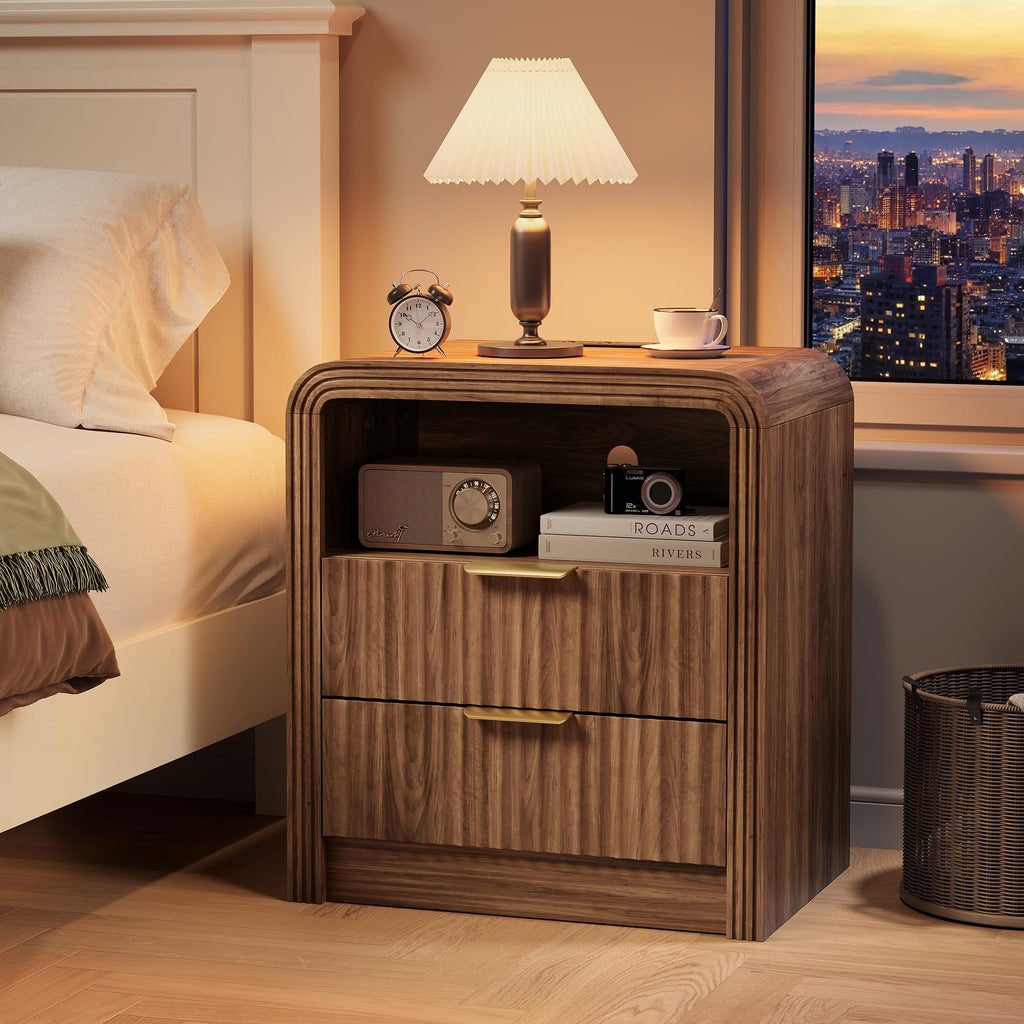 Fluted Nightstand with Charging Station, 2 Drawers, Walnut