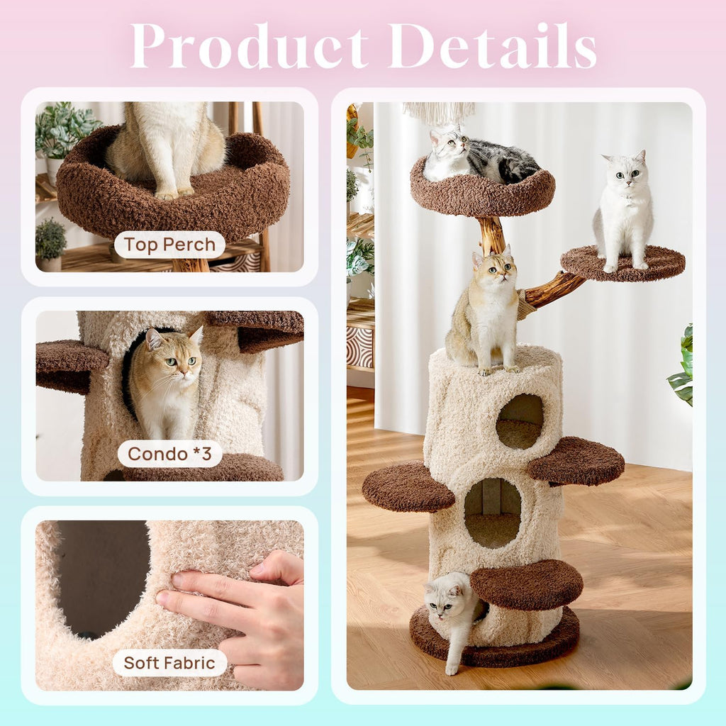 54.7'' Tall Modern Wood Cat Tree with 3 Level House, Luxury Cat Tower Decoration, Large Cat Condo for Multi-Cat