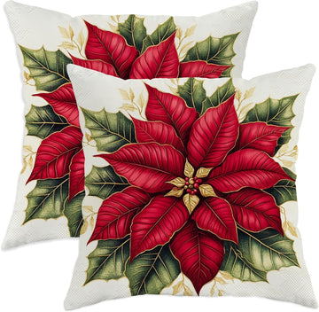 Retro Christmas Poinsettia Throw Pillow Covers 18x18, Soft Fun Xmas Plant Pillow Cases Kit with Zipper - Set of 2