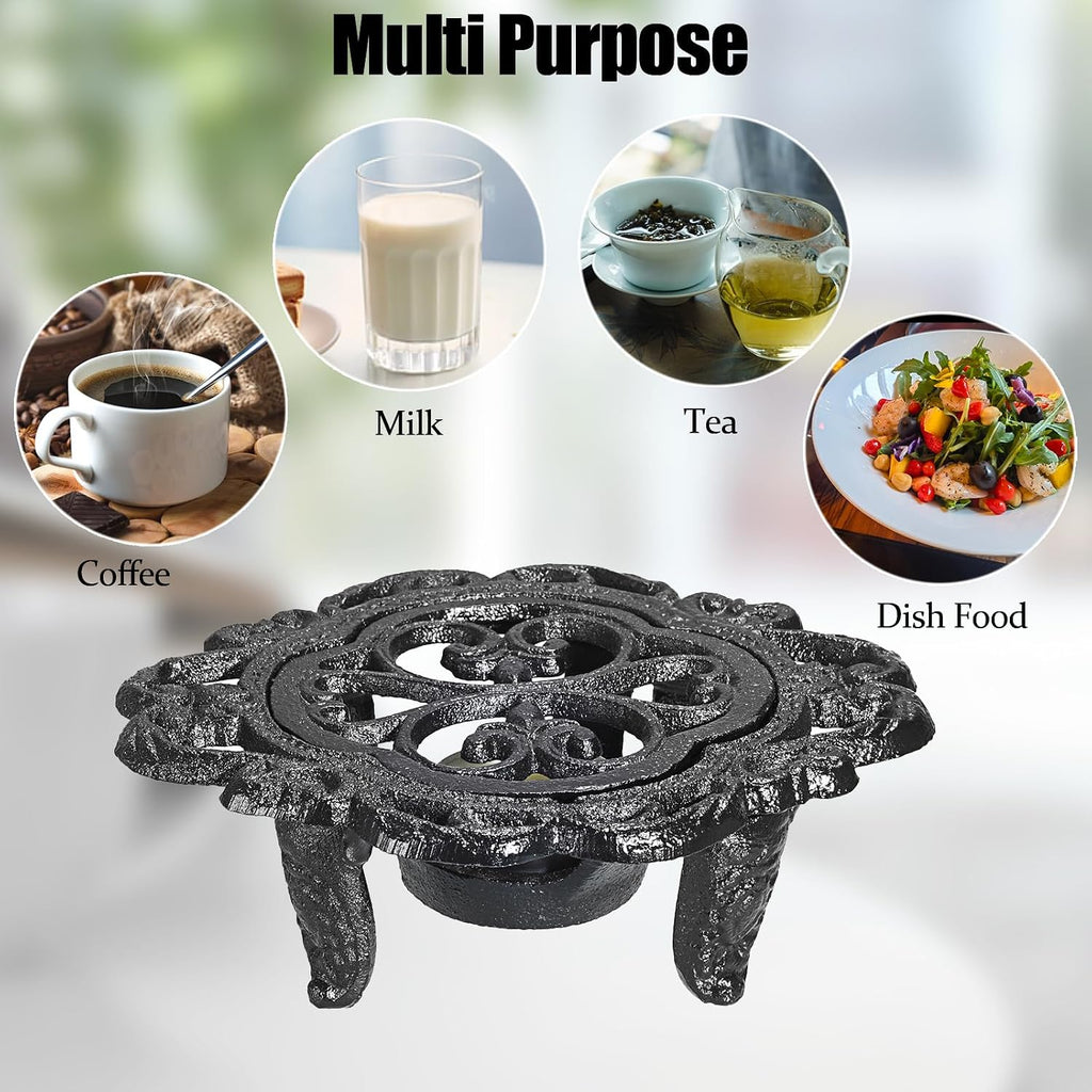 Cast Iron Teapot Warmer Dish Cups Heater Decorative Trivet with Tealight Holder - Rustic and Heavy Duty Tealight