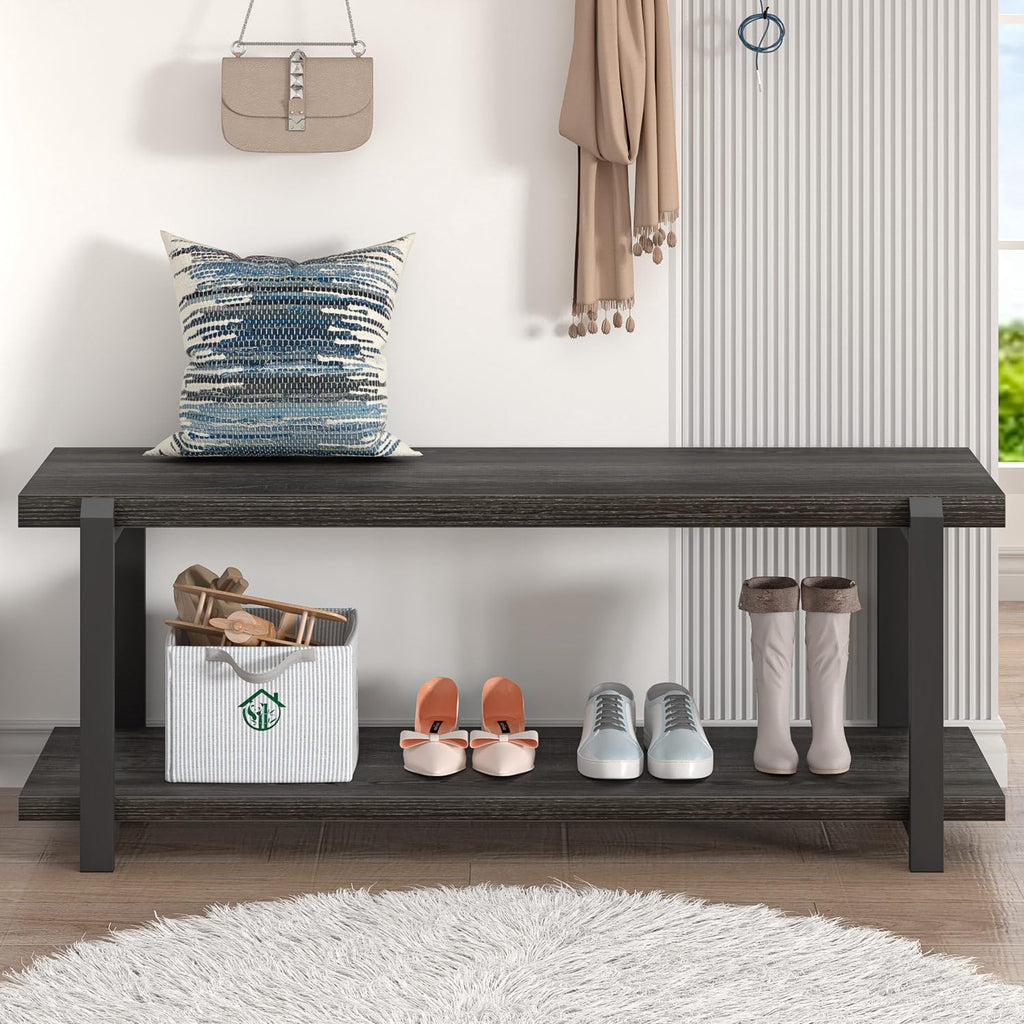 47 Inch Shoe Storage Bench, Rustic Wood and Metal Entryway Bench Front Door Entrance, Vintage Indoor Shoe Rack Bench
