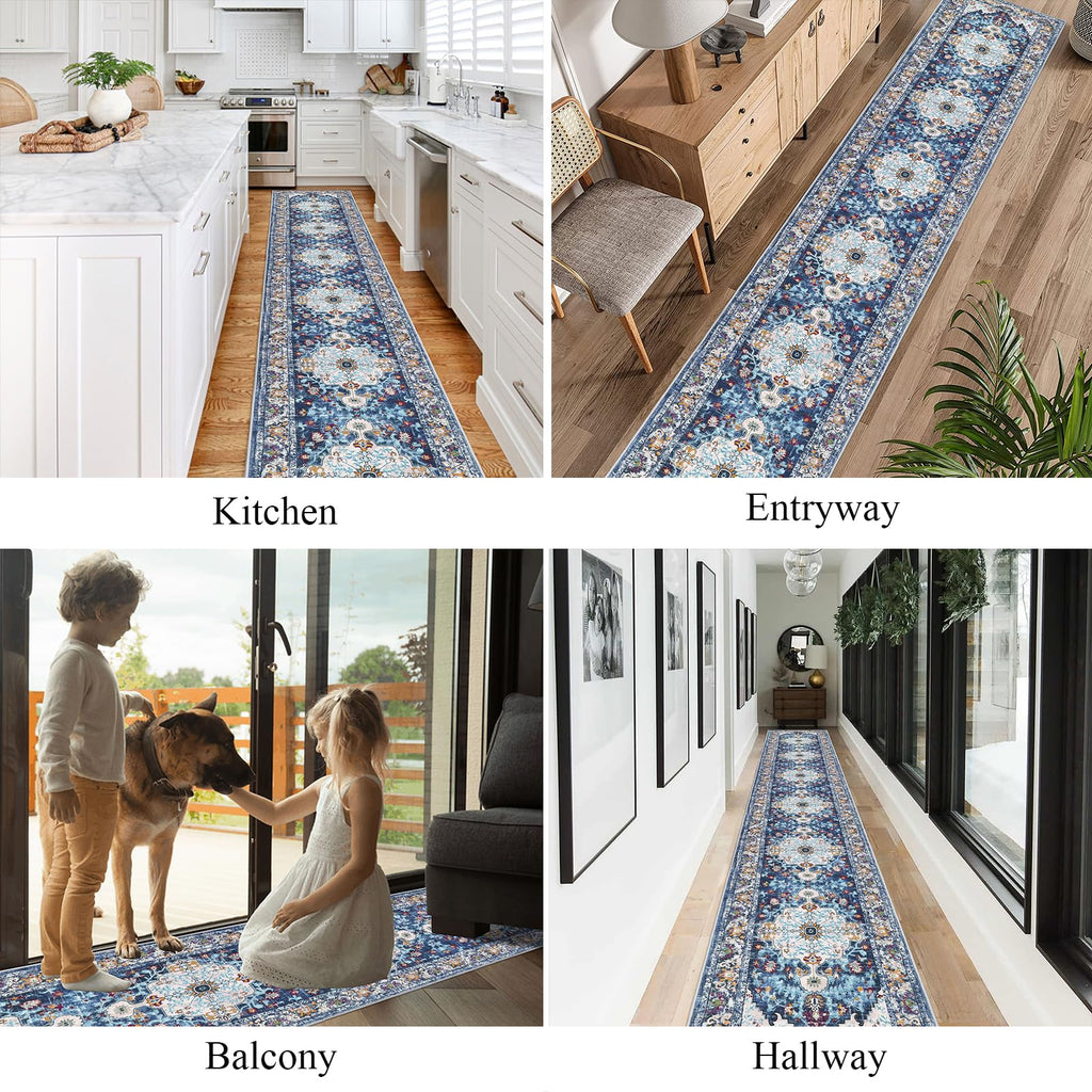 2'x14' Boho Hallway Runner Rug Non Slip Washable Runners, Blue
