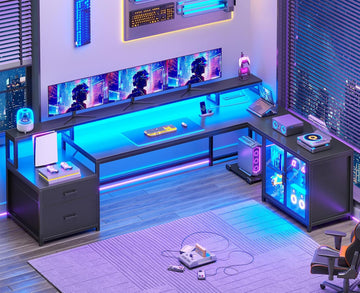 78.7" Large L Shaped Gaming Desk with Drawers, LED Light | Reversible Corner Computer Desk with Storage Shelves