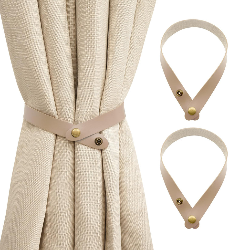 PU Leather Curtain Tiebacks, No Drill Holdbacks, Beige, 2 Pack