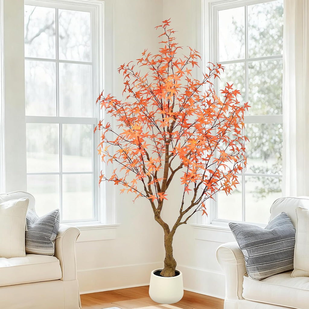 Maple Tree 6.5FT - Large Faux Plants Indoor with 504 Orange Leaves & Realistic Trunk, 78" Tall Fake Autumn Maple Tree