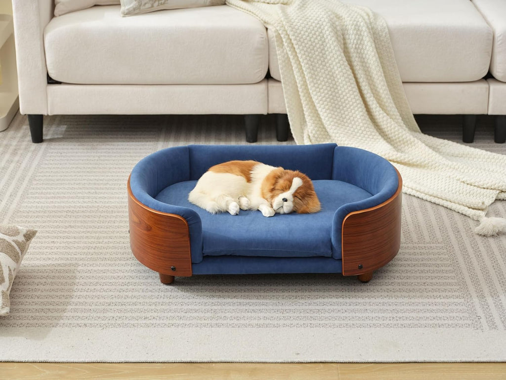 Modern Elevated Pet Sofa Bed, Wood Frame with Velvet Cushion, 26.4 x (Dark Blue)