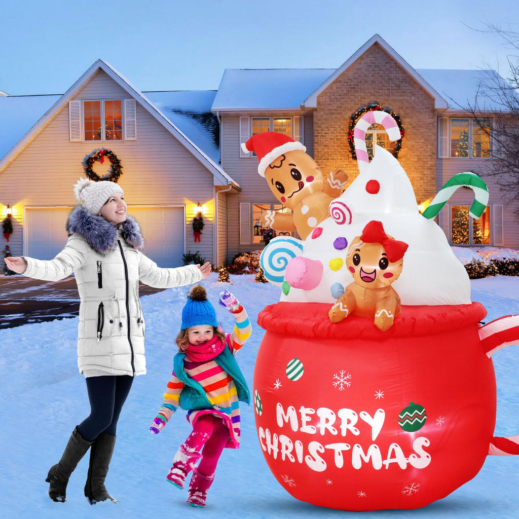Christmas Inflatable Outdoor Decorations 6FT Gingerbread Inflatables Christmas Blow Up Gingerbread Man Hot Cocoa Mug