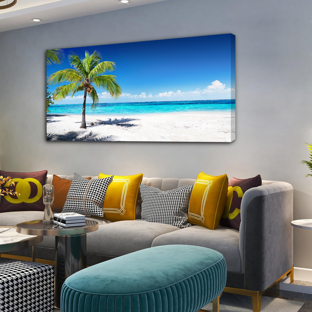 Large Canvas Wall Art Summer Ocean Waves Coconut Trees on Sands Beach Seascape Painting Sea Nature Pictures Home
