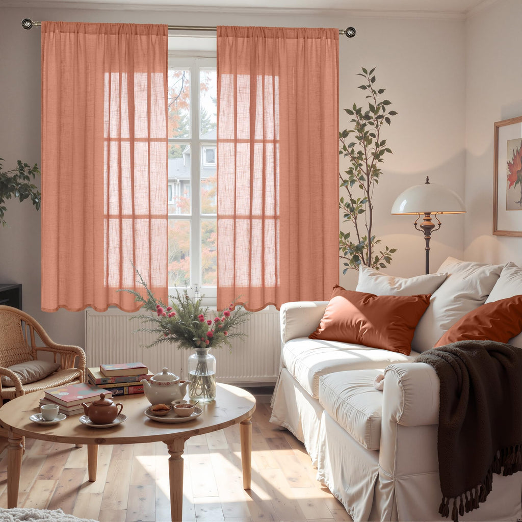 Terracotta Linen Curtains 54 Inch Length for Short Living Room, Semi Sheer Burnt Orange Drapes Boho Rustic Decor with